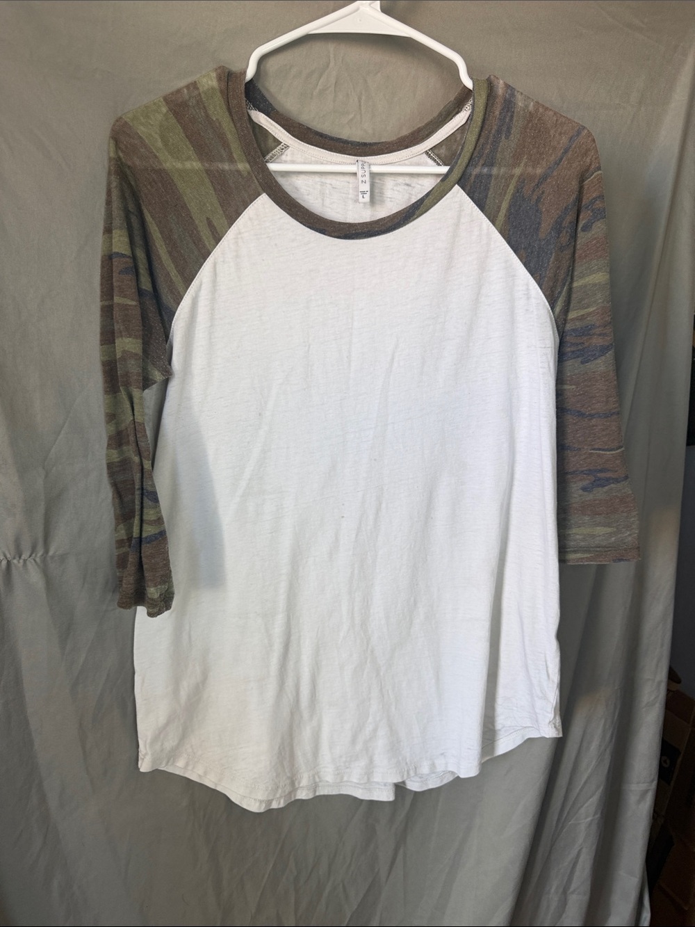 Women's White Raglan Tee with Camo-Style Sleeves